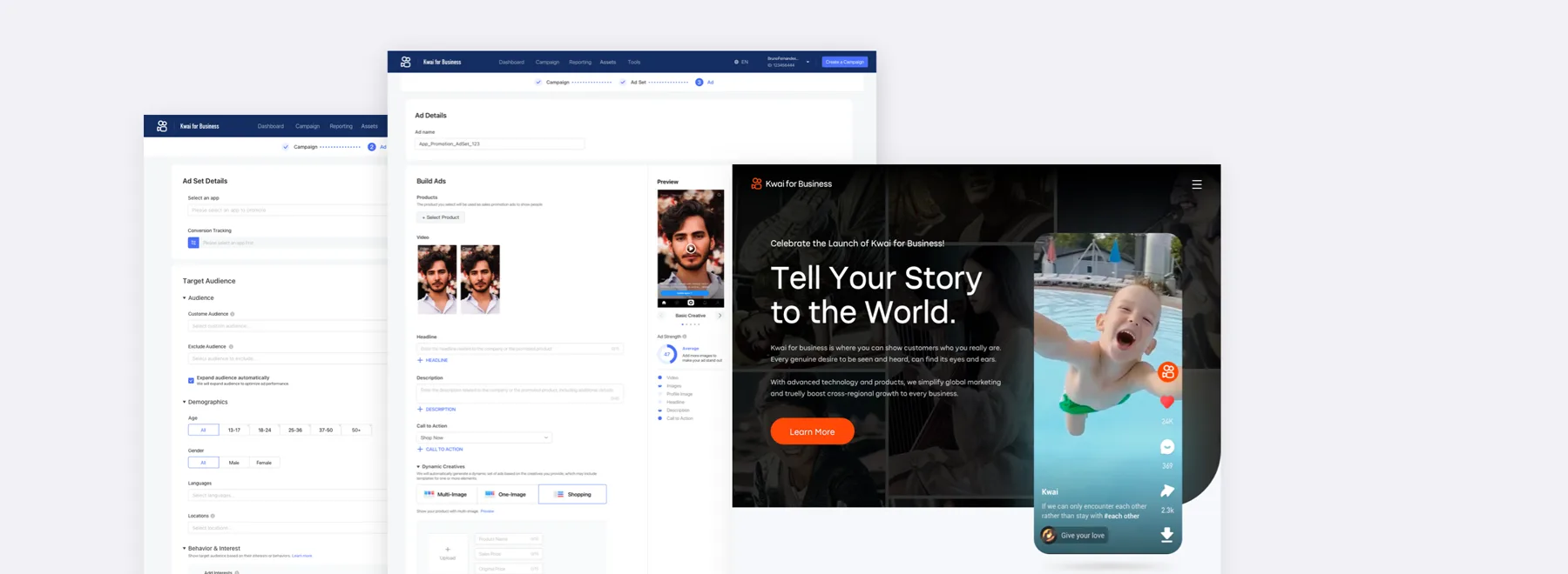 Kwai for Business ads manager screens