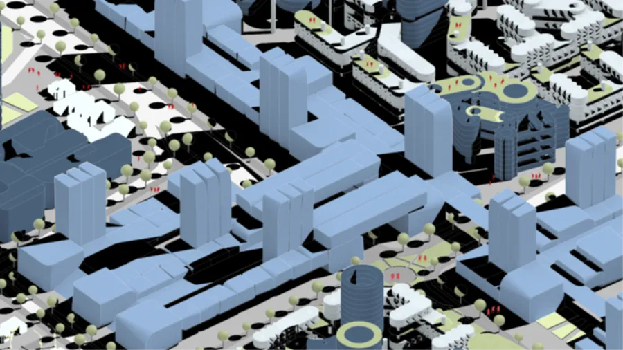 Axonometric urban render of blue towers, trees and plazas